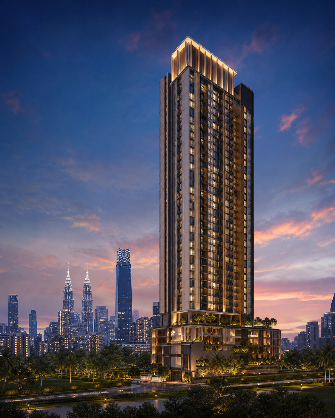 Conceptual architectural illustration of a premium residential tower with the Kuala Lumpur skyline in the distance.