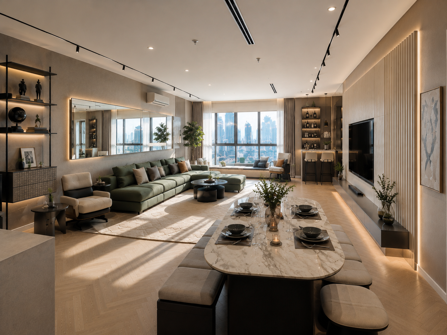 Conceptual interior of a spacious family living and dining room for the larger residence type.