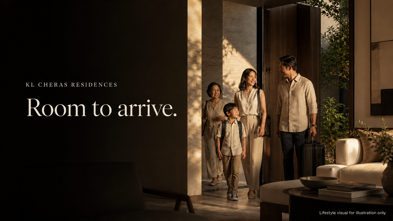 Illustrative lifestyle scene of a multigenerational family arriving at a warm contemporary home.