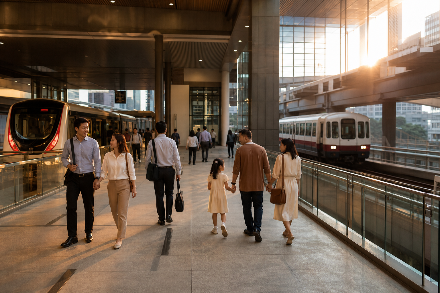 Conceptual urban lifestyle image of commuters using two rail services at a contemporary interchange.