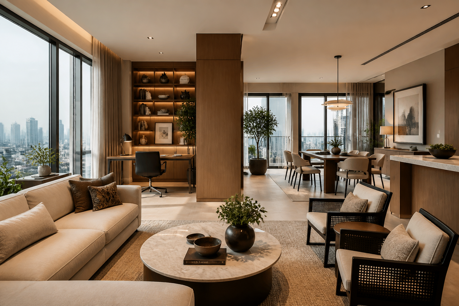 Conceptual interior mood showing a spacious contemporary family living and dining area.