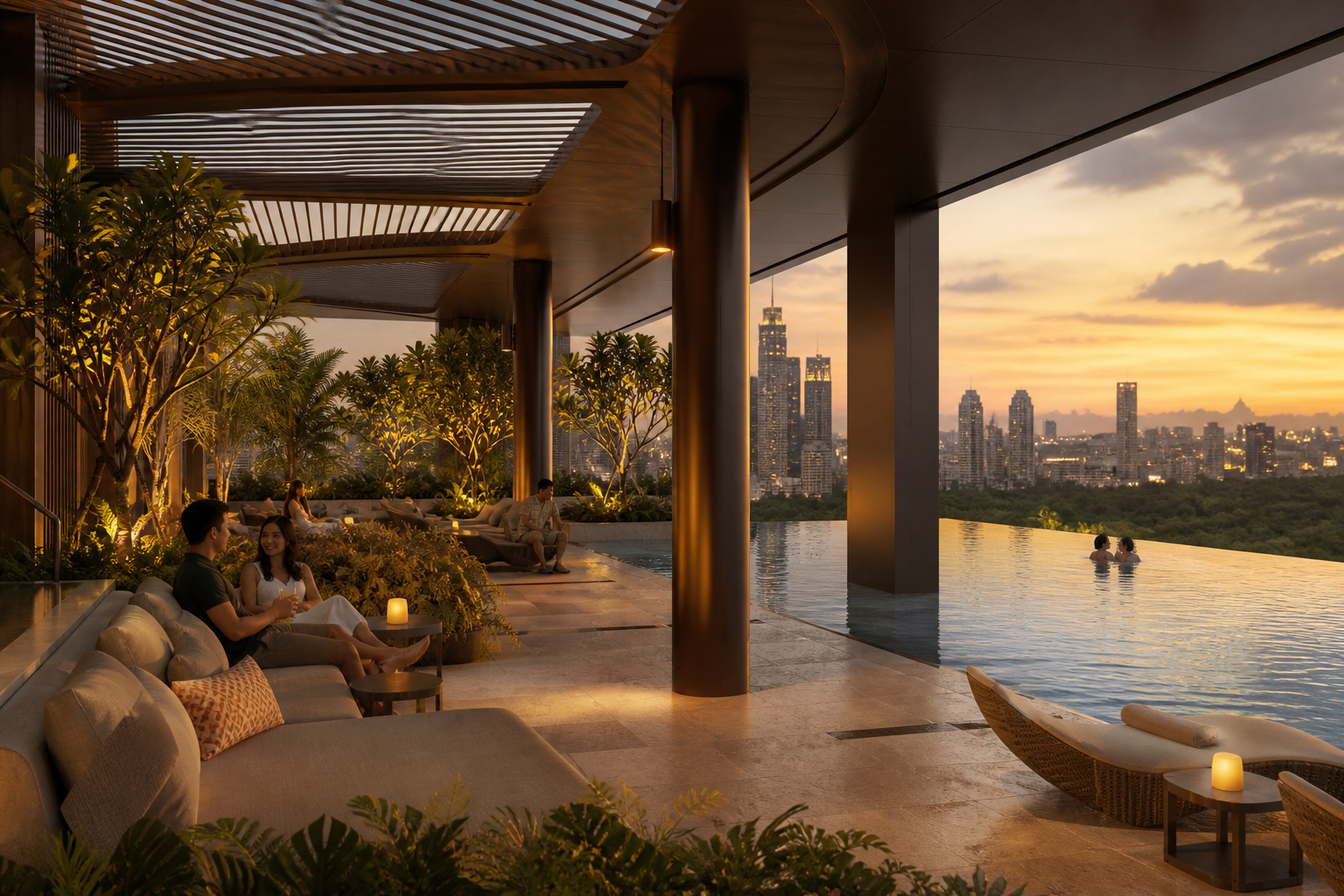 Conceptual illustration of a refined sky pool and tropical residents' lounge at sunset.