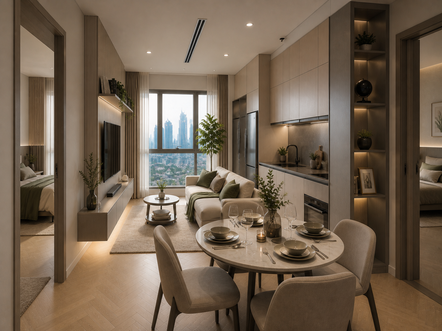 Conceptual interior of a compact open-plan living, dining and kitchen area for the Suite Home.